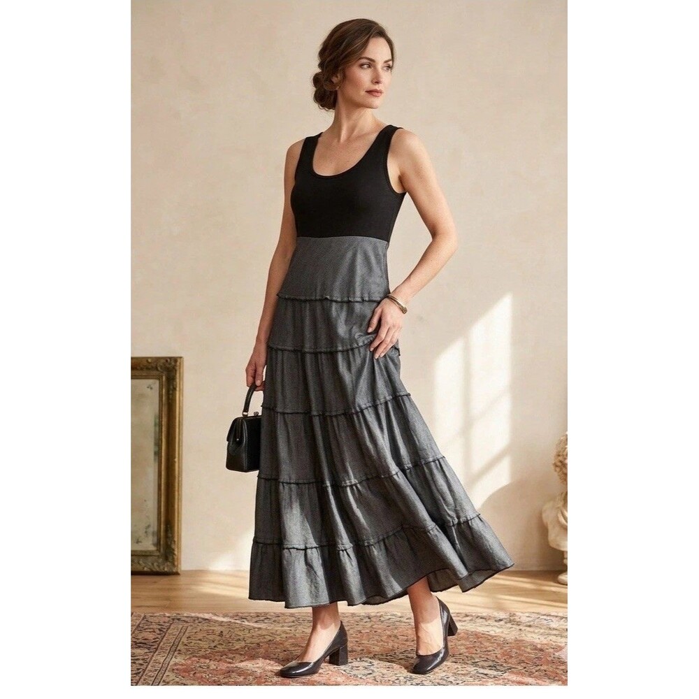 Karen by Karen Kane Black Gray Layered Ruffle Sleeveless Maxi Dress Size S